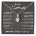 Necklace with a sentimental message card for 'My Soulmate' on a gray background