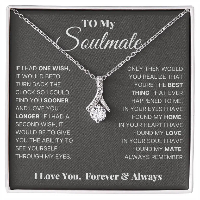 Necklace with a sentimental message card for 'My Soulmate' on a gray background