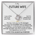 Necklace with heart-shaped pendant on a card addressed to 'Future Wife' with romantic message.